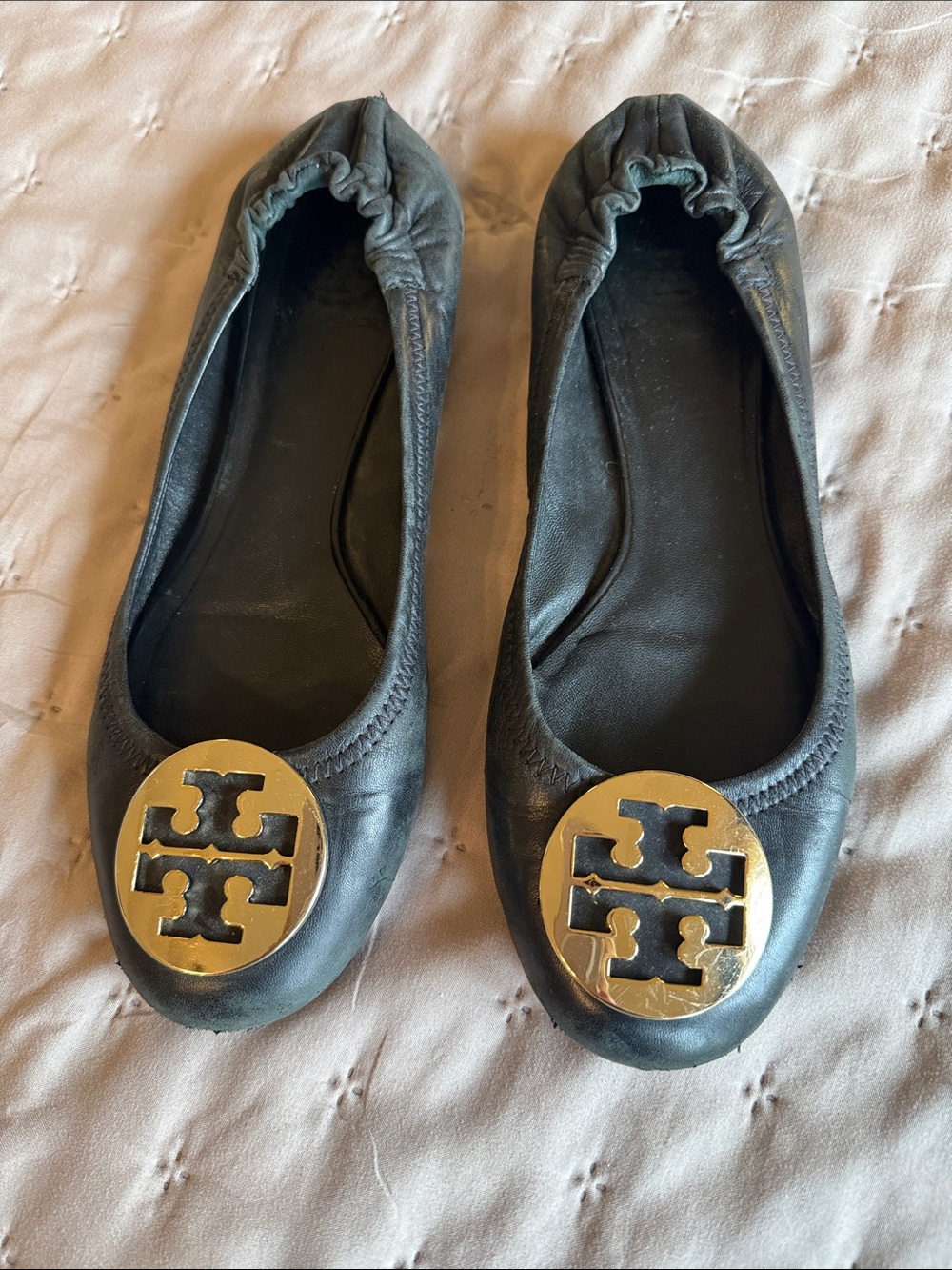 Tory Burch Black Leather Logo Ballet Flats with Gold Emblem